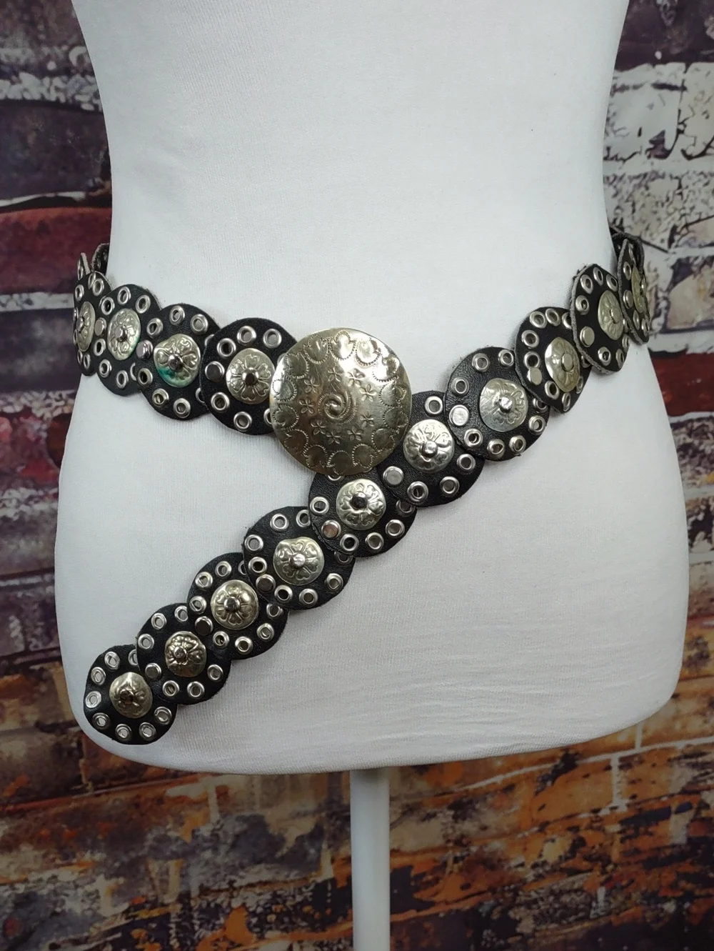 Vintage Moroccan Leather Belt with Silver Medallions
